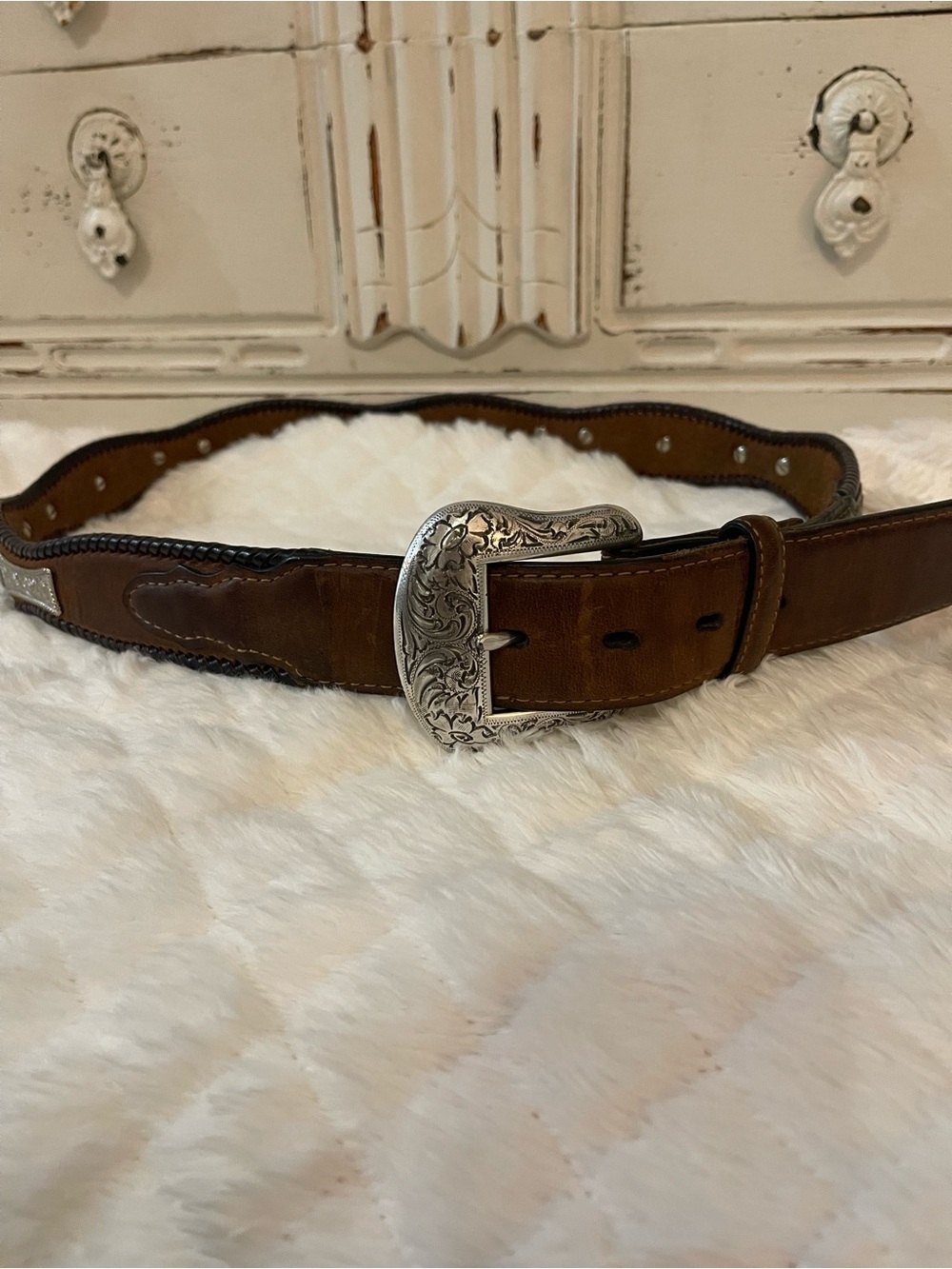 Larry Mahan Brown Leather Western Belt with Engraved Silver Buckle
